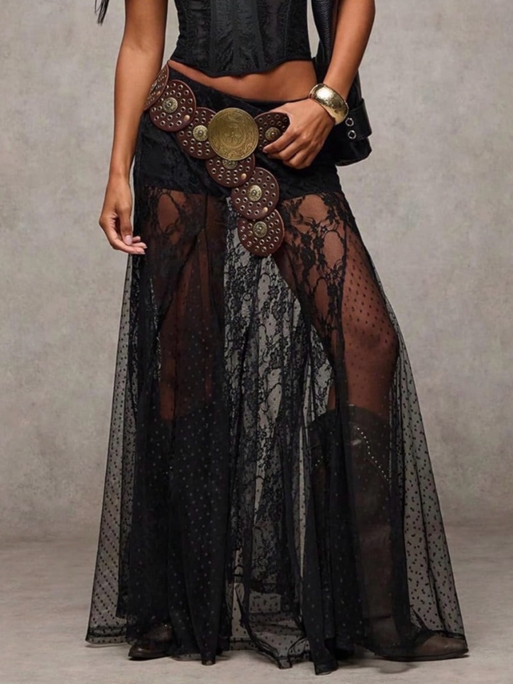 ✨🖤 Sheer Black Lace & Pointelle Mesh A-line Maxi-Skirt Goth Punk Boho Country